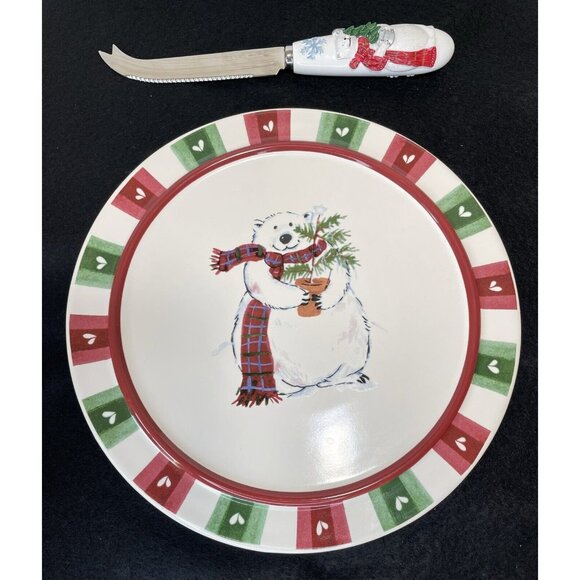 Pfaltzgraff Snow Bear Christmas Round Cheese Tray Trivet with Knife 8.5" Polar - Picture 1 of 9